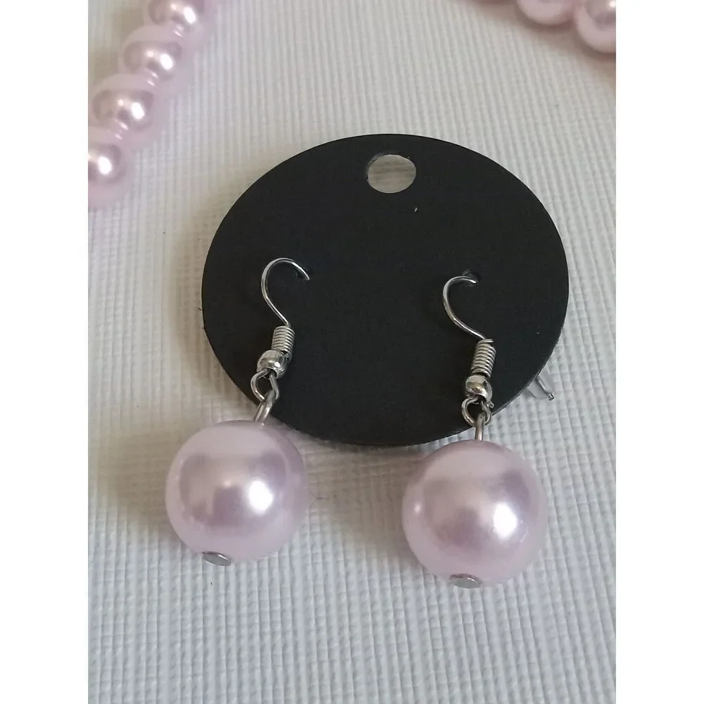 Soft Pink Round Beaded Adjustable Single Strand Matching Necklace & Earring Set